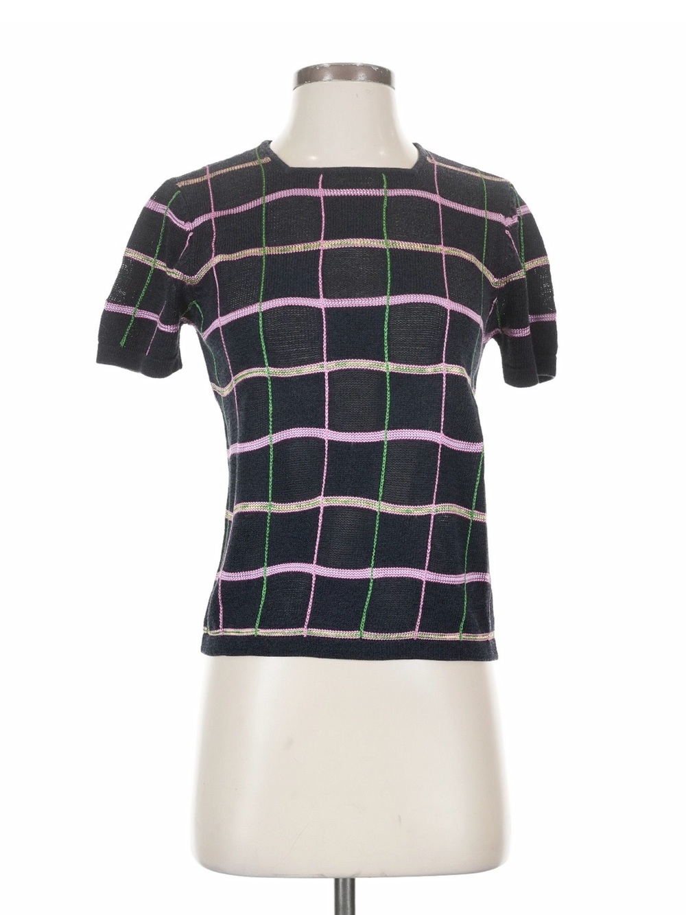 Carlisle Black Short-Sleeve Knit Top with Pink & Green Windowpane